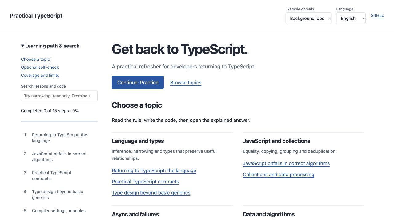 The English Refresher homepage with topic navigation, search, language and domain selectors, and a 15-step learning path.
