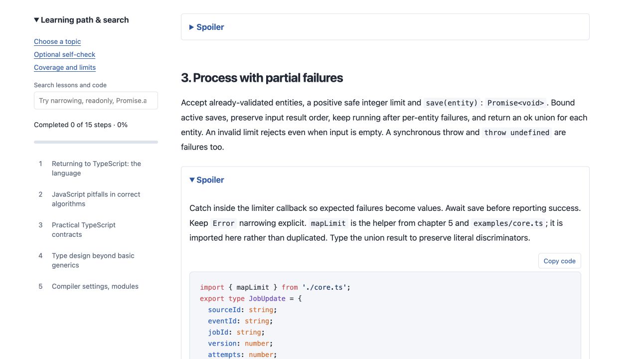 The partial-failure exercise with its contract and expanded explanation of bounded concurrency, error handling, and typed results.